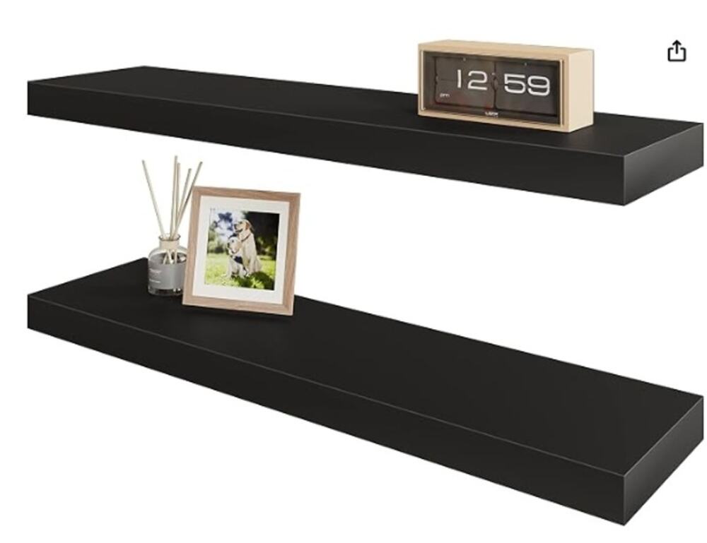 24" Floating Wall Shelves Set of 2 Black 6" Deep Hidden Brackets